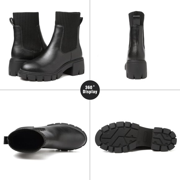 BKWHDAY Women's Black Chelsea Platform Ankle Boots Fashion Chunky Heel - Picture 2 of 7